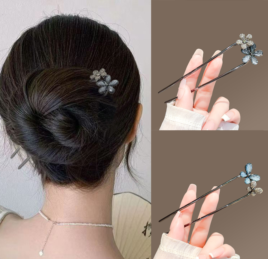 Hair Fork Stick - 여성용 빈티지 꽃무늬 나비 머리핀, 금속