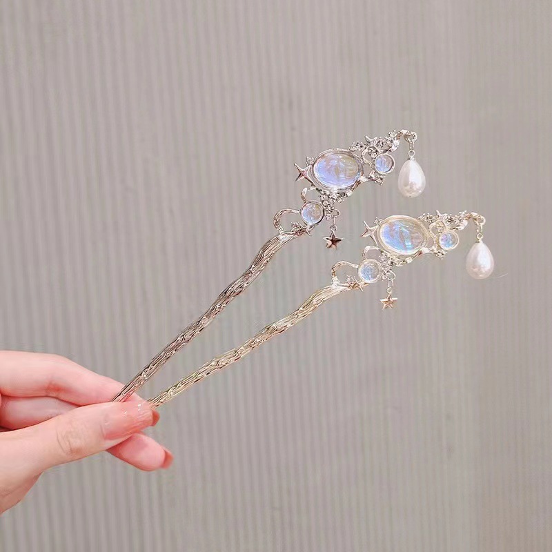 별과 진주 장식의 문스톤 머리핀 – 은색 머리꽂이, 빈 - Hair Fork Stick 리뷰 및 가격