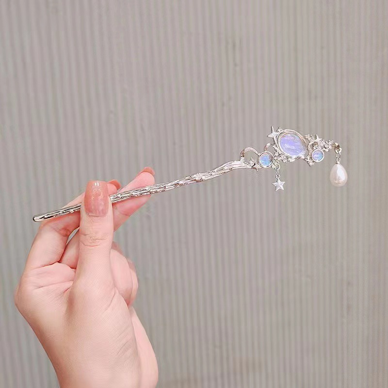 별과 진주 장식의 문스톤 머리핀 – 은색 머리꽂이, 빈 - Hair Fork Stick 리뷰 및 가격